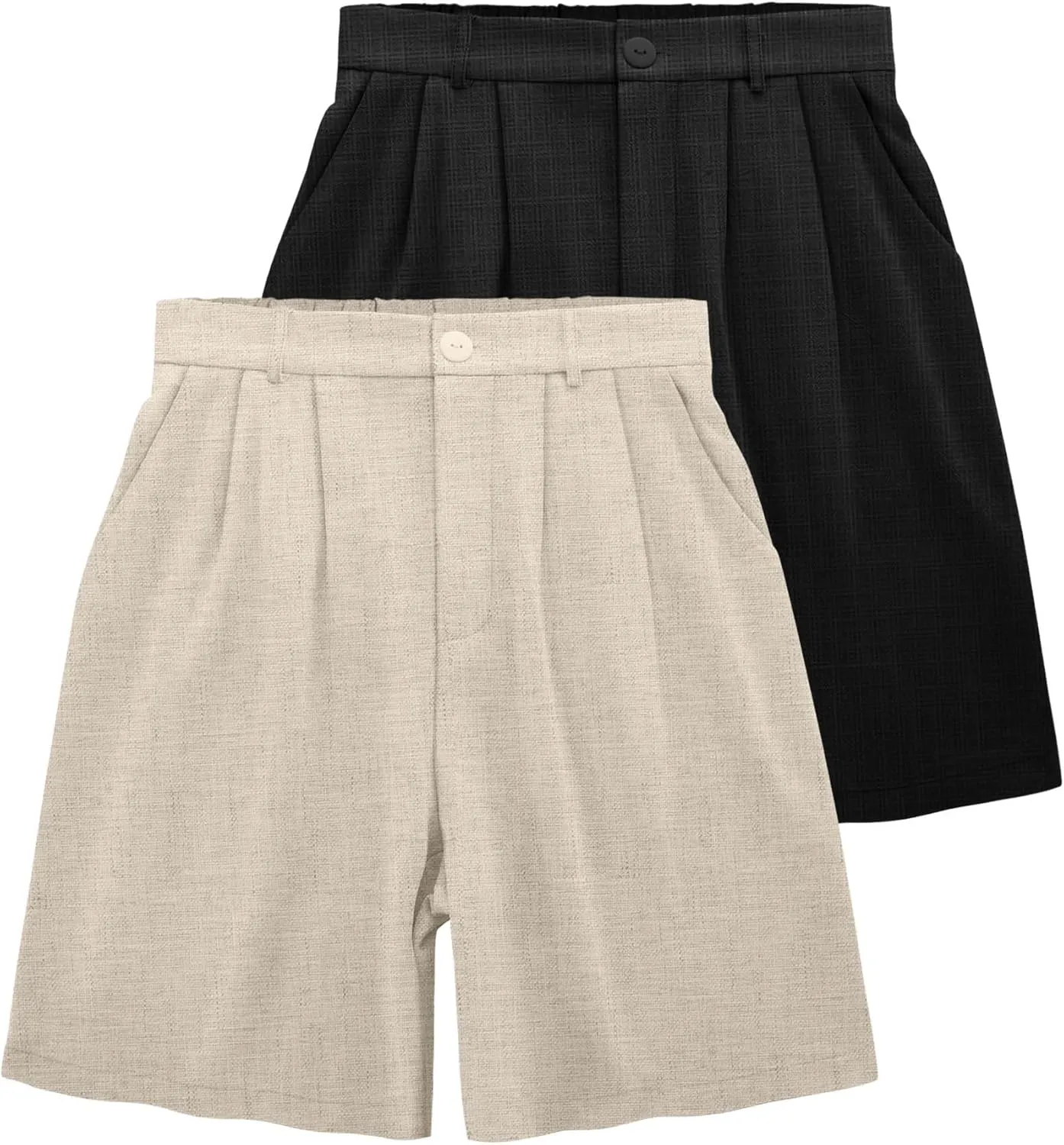 2 Pack Linen Bermuda Shorts for Women Dressy High Waisted Casual Elastic Pleated Wide Leg Summer Shorts with Pockets