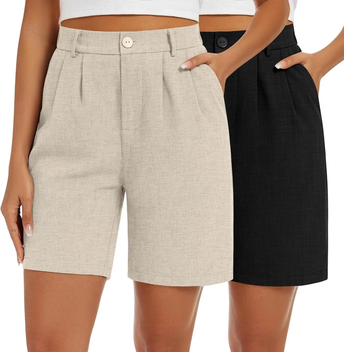 2 Pack Linen Bermuda Shorts for Women Dressy High Waisted Casual Elastic Pleated Wide Leg Summer Shorts with Pockets