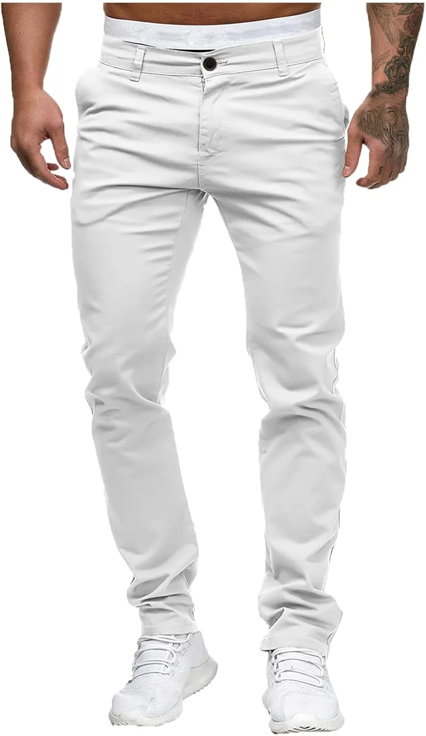 2021 Mens Chino Fit Flat Front Dress Pants Casual Cotton Jeans Slim Fit Skinny Stretchy Slacks Tapered Trousers