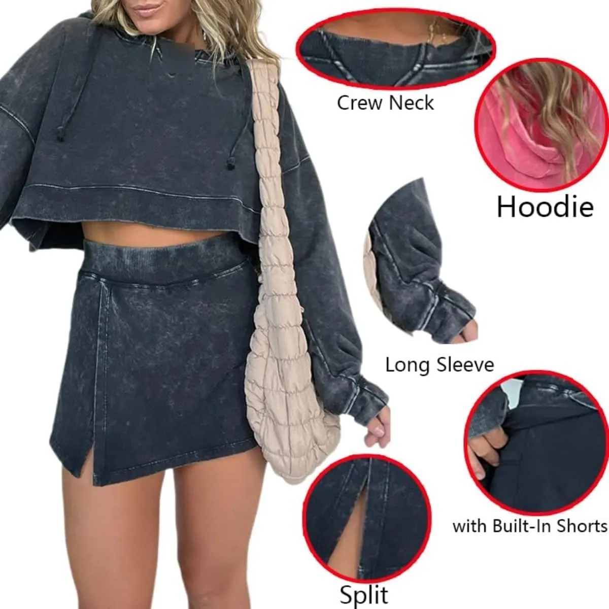 2024 New Lounge Washed Hoodie Skirt Set, Pink Laura Lounge Long Sleeve Skort Set, Womens Lounge Sets 2 Piece Outfits