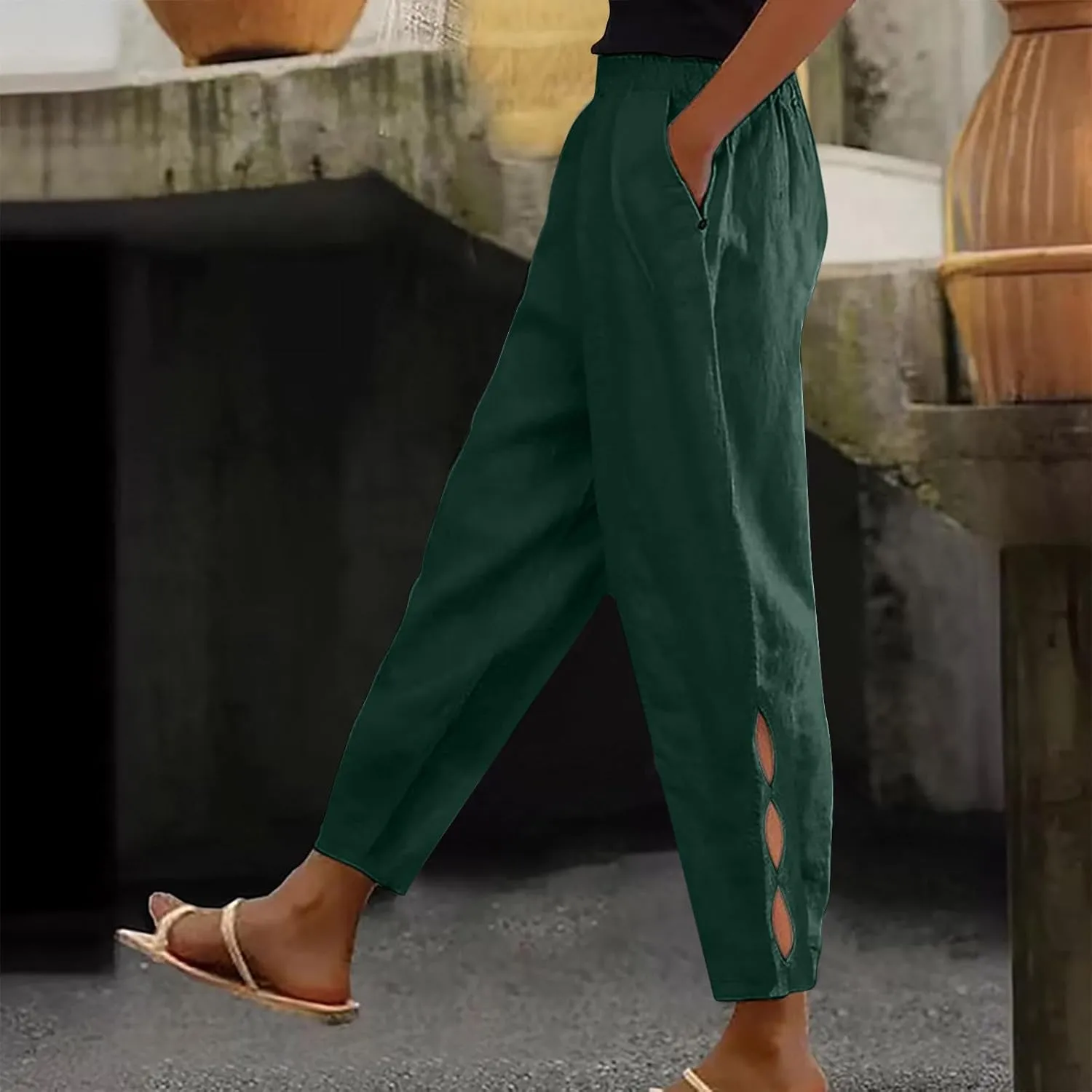 2025 Casual Cotton Linen Pants Women Lightweight Summer Relax Fit Elastic Waist Plus Size Solid Lounge Long Trousers