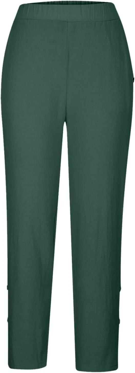 2025 Casual Cotton Linen Pants Women Lightweight Summer Relax Fit Elastic Waist Plus Size Solid Lounge Long Trousers