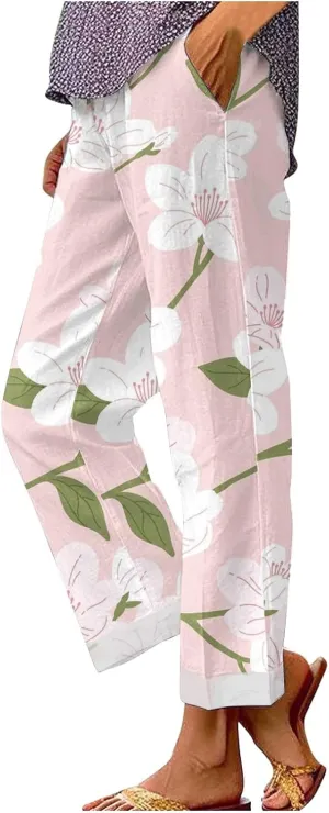 2025 Cotton Linen Pants Women Summer Elastic Waist Crop Pant Plus Size Straight Leg Slack Casual Trouser with Pocket