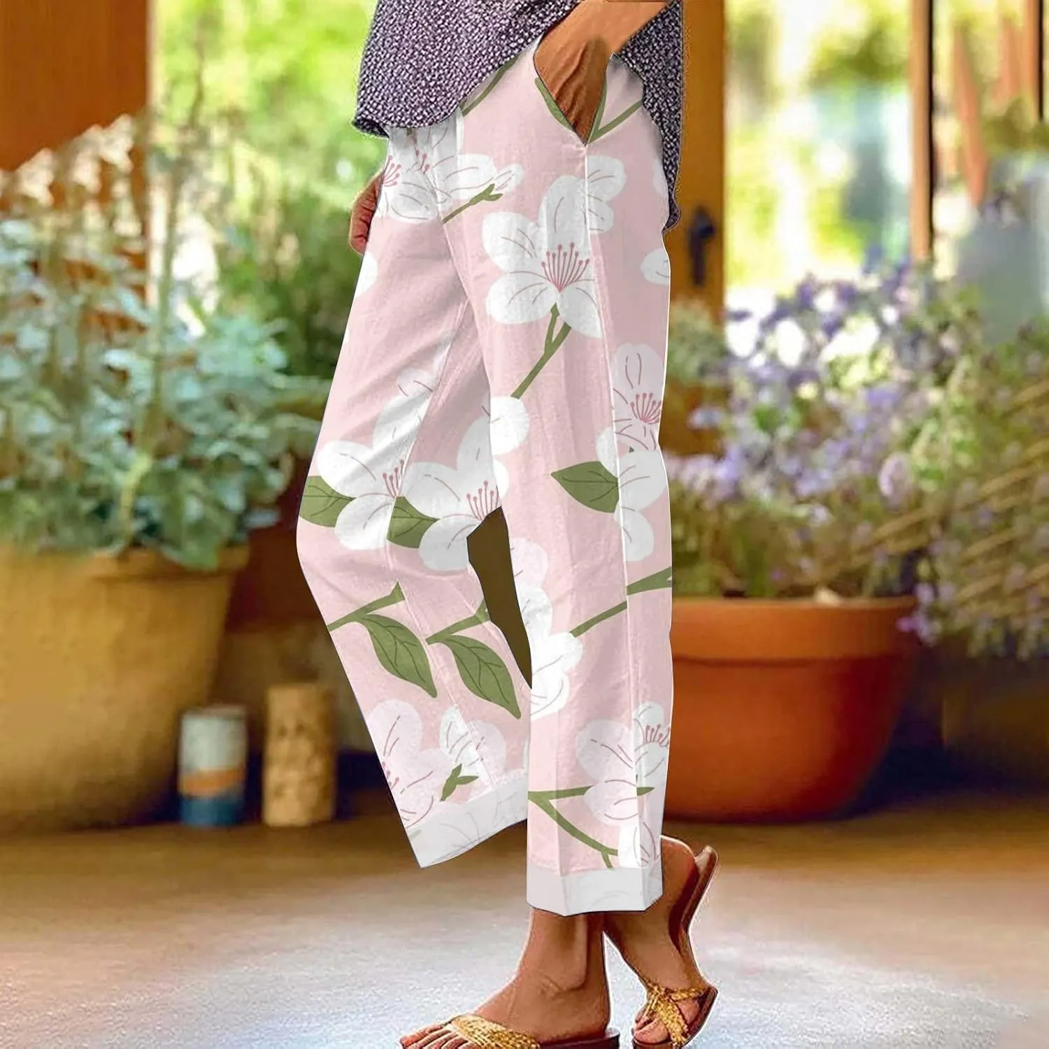 2025 Cotton Linen Pants Women Summer Elastic Waist Crop Pant Plus Size Straight Leg Slack Casual Trouser with Pocket