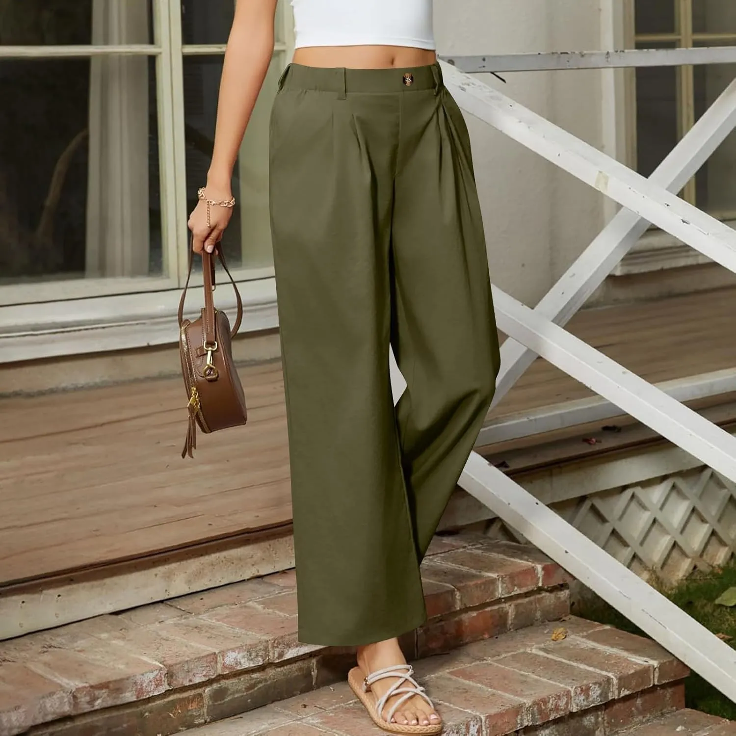 2025 Trendy Womens Wide Leg Palazzo Pants Elastic High Waist Casual Loose Flowy Business Boho Trousers with Pockets