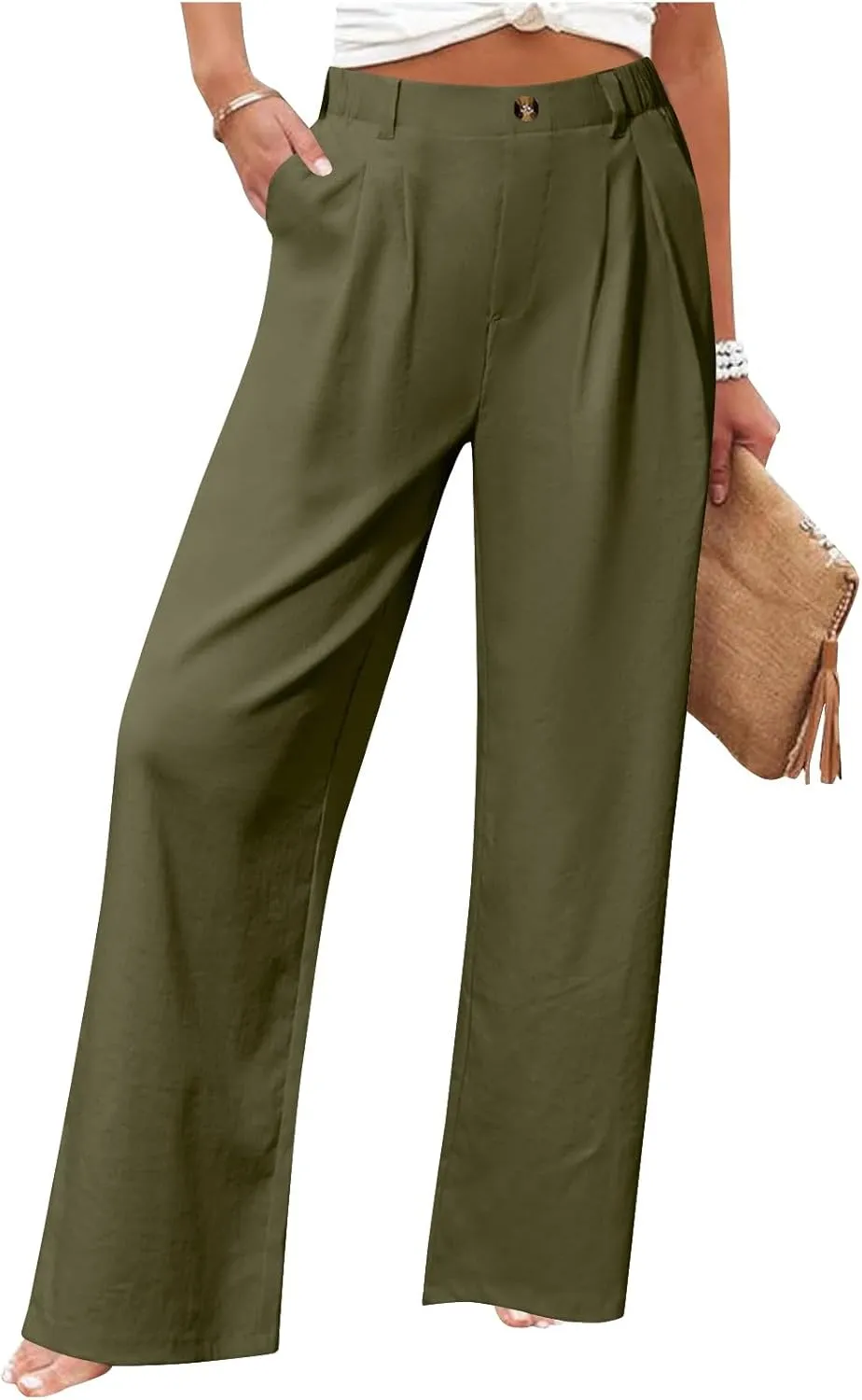 2025 Trendy Womens Wide Leg Palazzo Pants Elastic High Waist Casual Loose Flowy Business Boho Trousers with Pockets