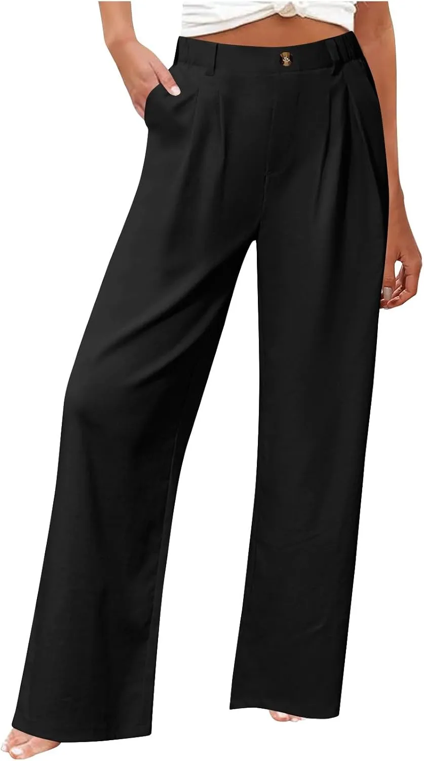 2025 Trendy Womens Wide Leg Palazzo Pants Elastic High Waist Casual Loose Flowy Business Boho Trousers with Pockets