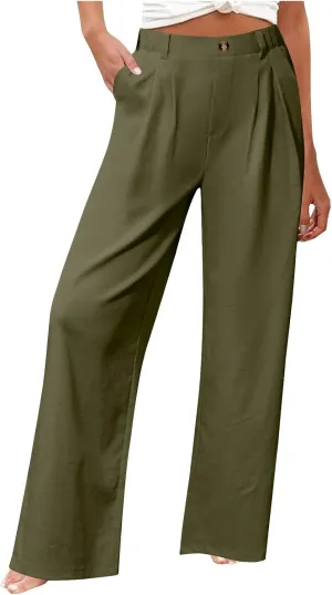 2025 Trendy Womens Wide Leg Palazzo Pants Elastic High Waist Casual Loose Flowy Business Boho Trousers with Pockets