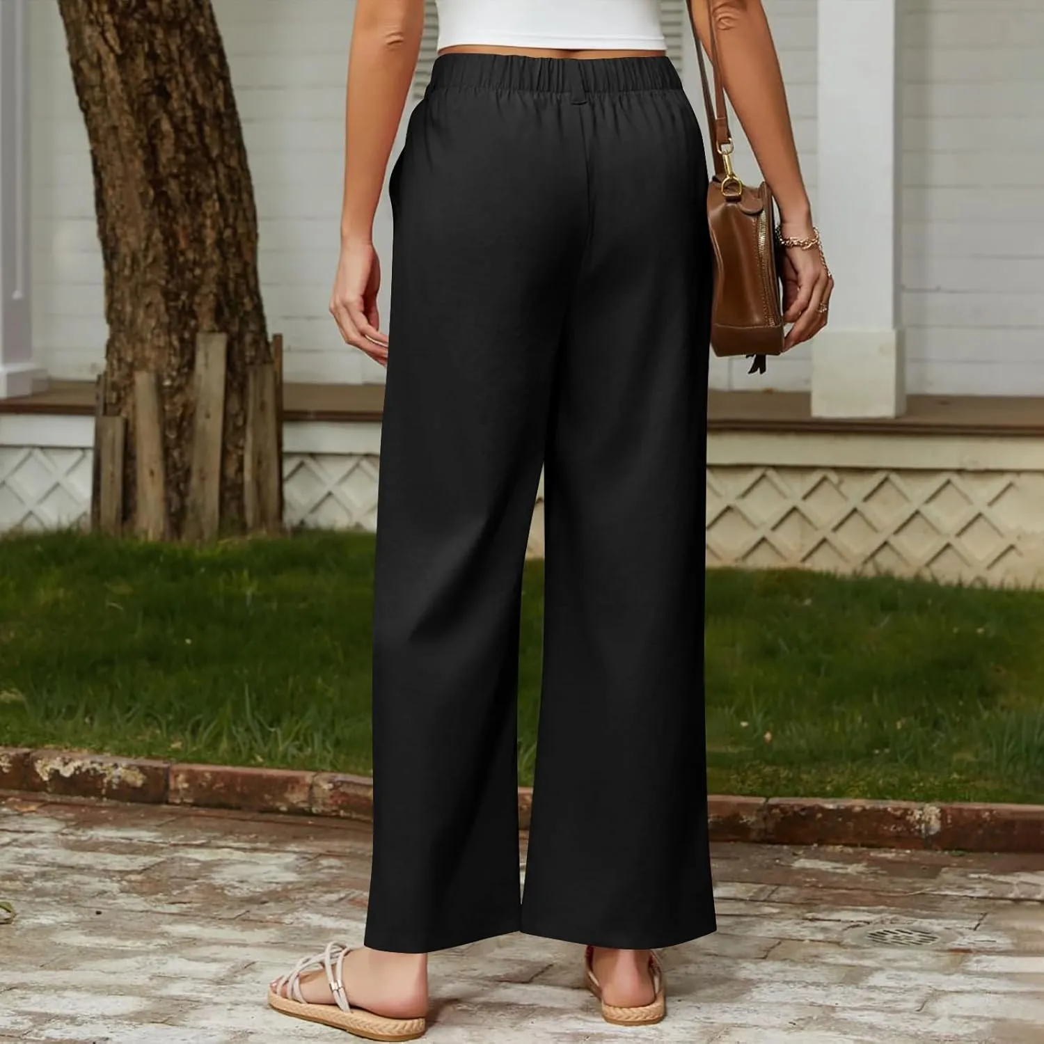 2025 Trendy Womens Wide Leg Palazzo Pants Elastic High Waist Casual Loose Flowy Business Boho Trousers with Pockets