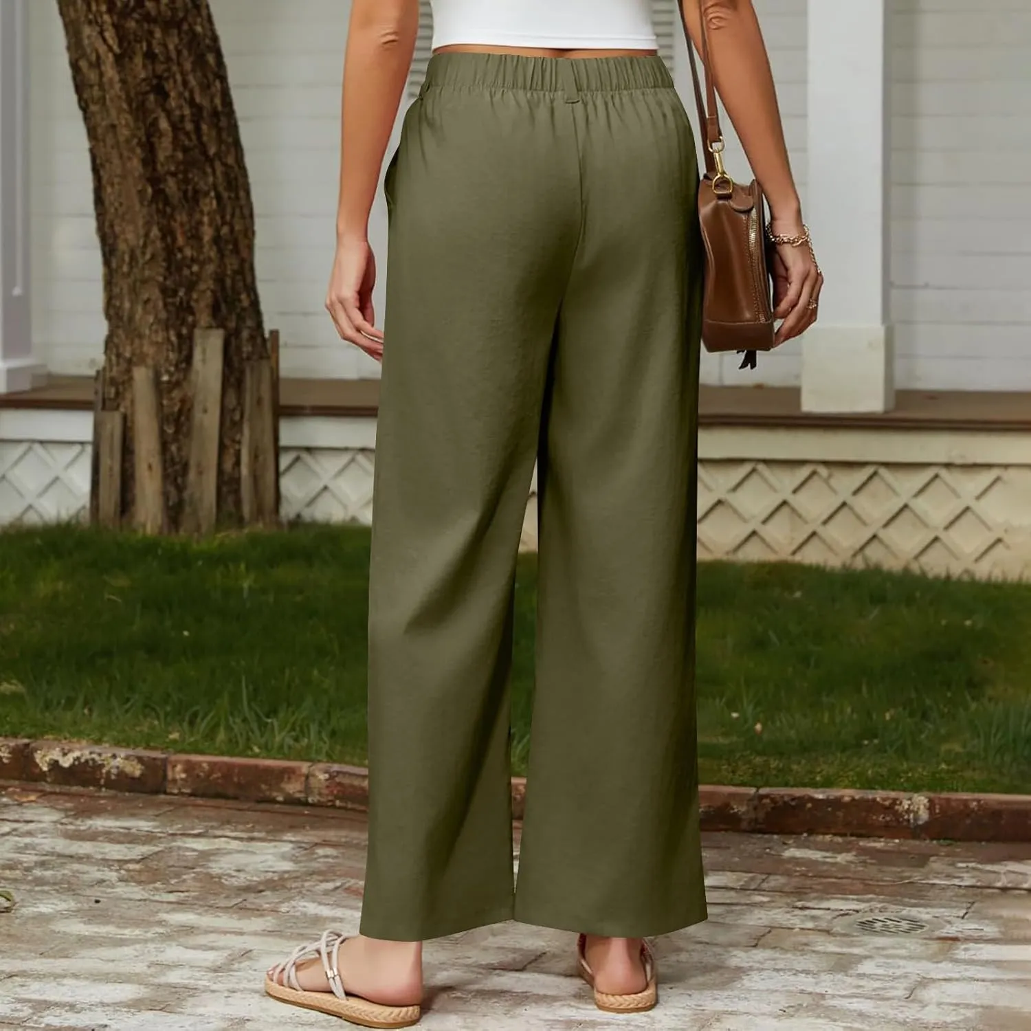 2025 Trendy Womens Wide Leg Palazzo Pants Elastic High Waist Casual Loose Flowy Business Boho Trousers with Pockets