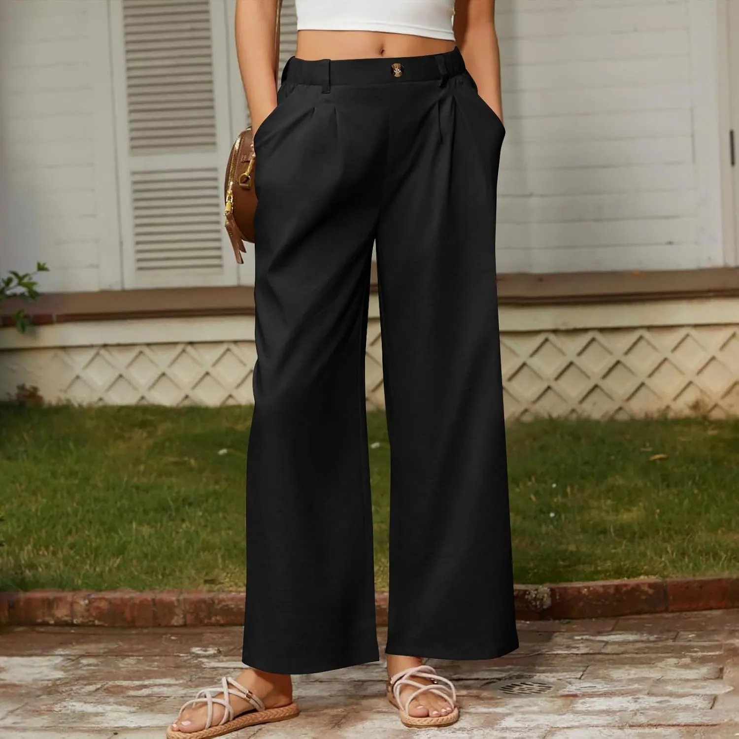 2025 Trendy Womens Wide Leg Palazzo Pants Elastic High Waist Casual Loose Flowy Business Boho Trousers with Pockets