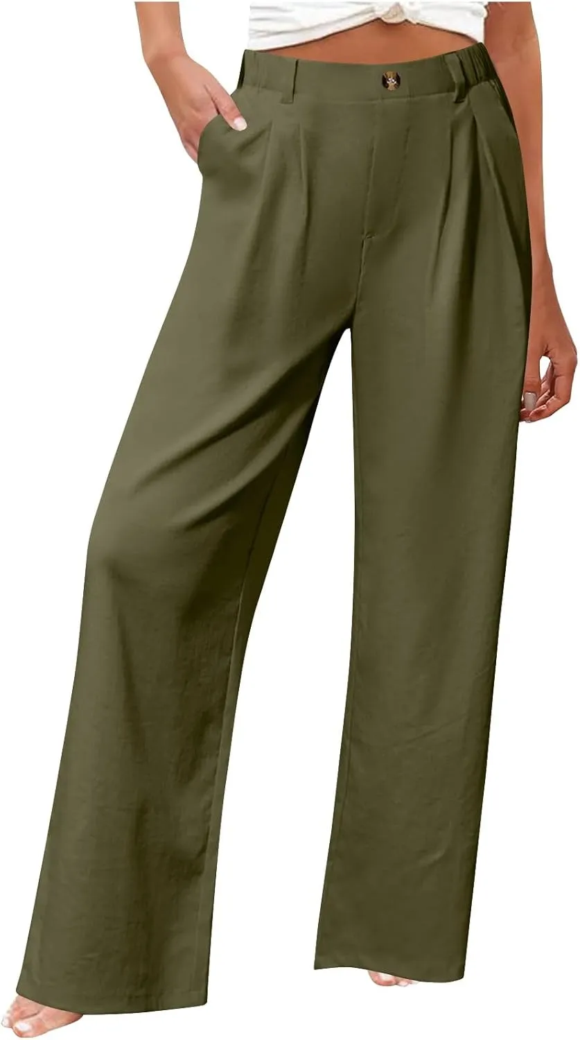 2025 Trendy Womens Wide Leg Palazzo Pants Elastic High Waist Casual Loose Flowy Business Boho Trousers with Pockets