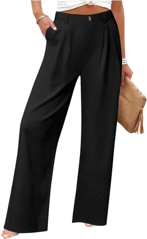 2025 Trendy Womens Wide Leg Palazzo Pants Elastic High Waist Casual Loose Flowy Business Boho Trousers with Pockets