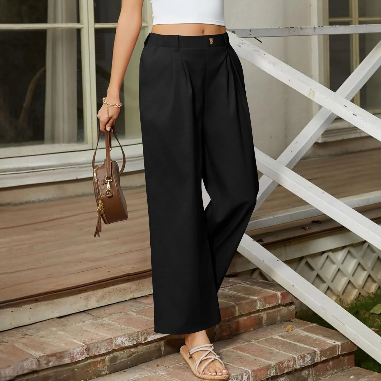 2025 Trendy Womens Wide Leg Palazzo Pants Elastic High Waist Casual Loose Flowy Business Boho Trousers with Pockets