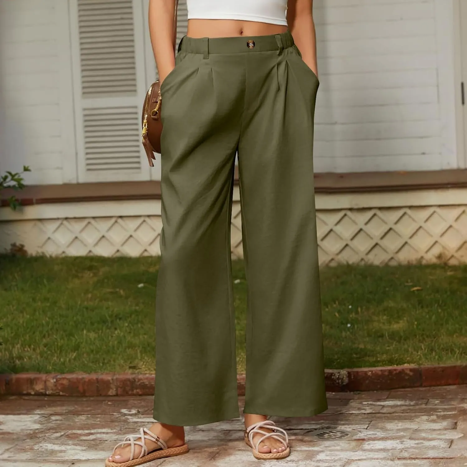 2025 Trendy Womens Wide Leg Palazzo Pants Elastic High Waist Casual Loose Flowy Business Boho Trousers with Pockets