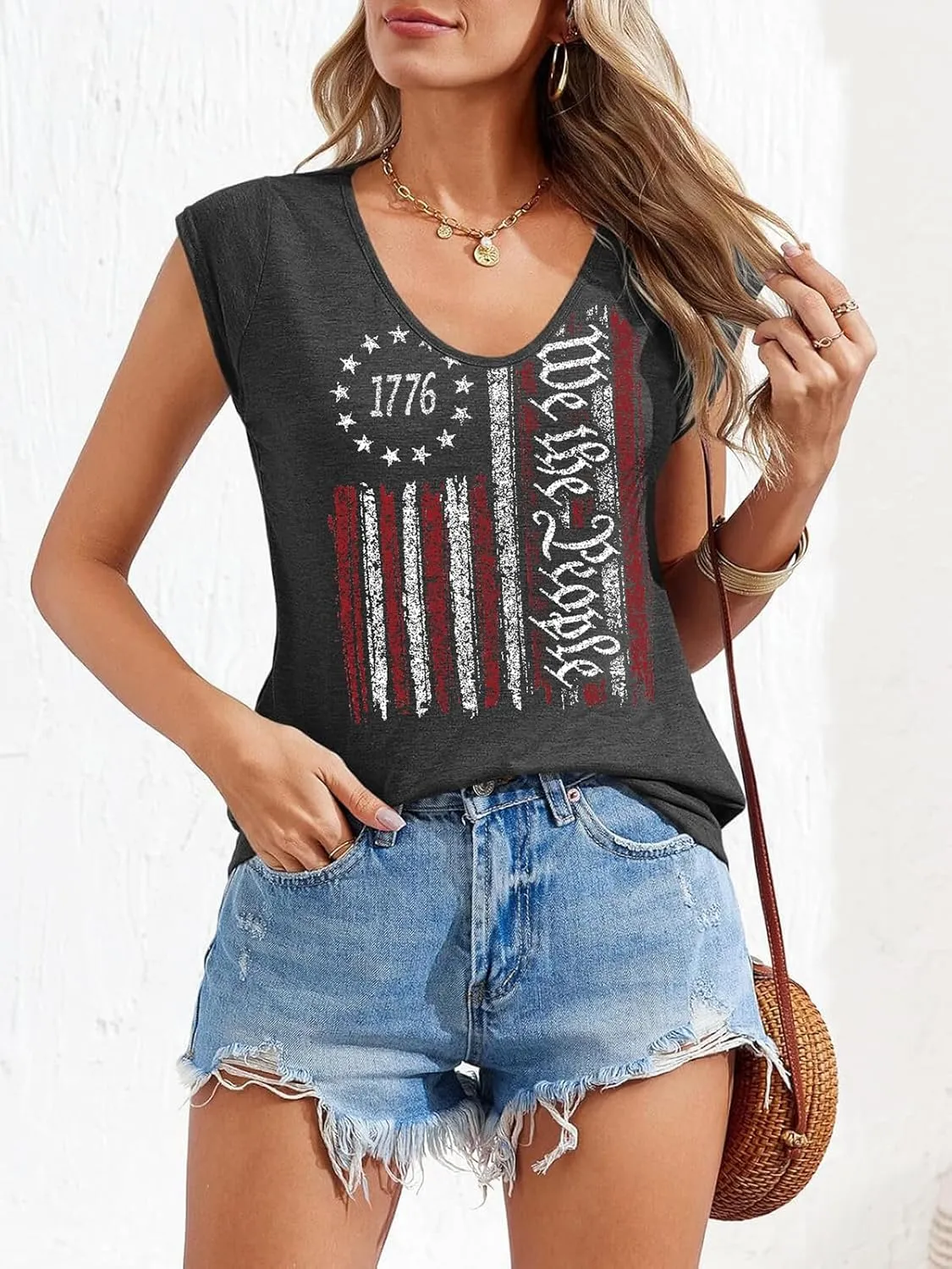 4th of July Shirt for Women 1776 Cap Sleeve Tank Tops American Flag Summer Scoop Neck Tops