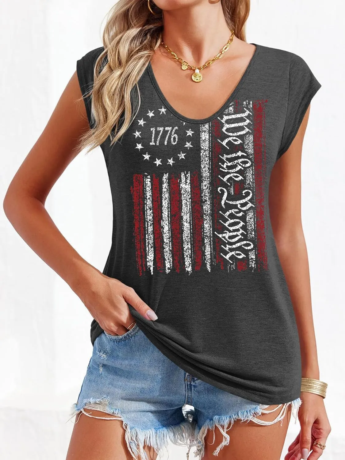 4th of July Shirt for Women 1776 Cap Sleeve Tank Tops American Flag Summer Scoop Neck Tops