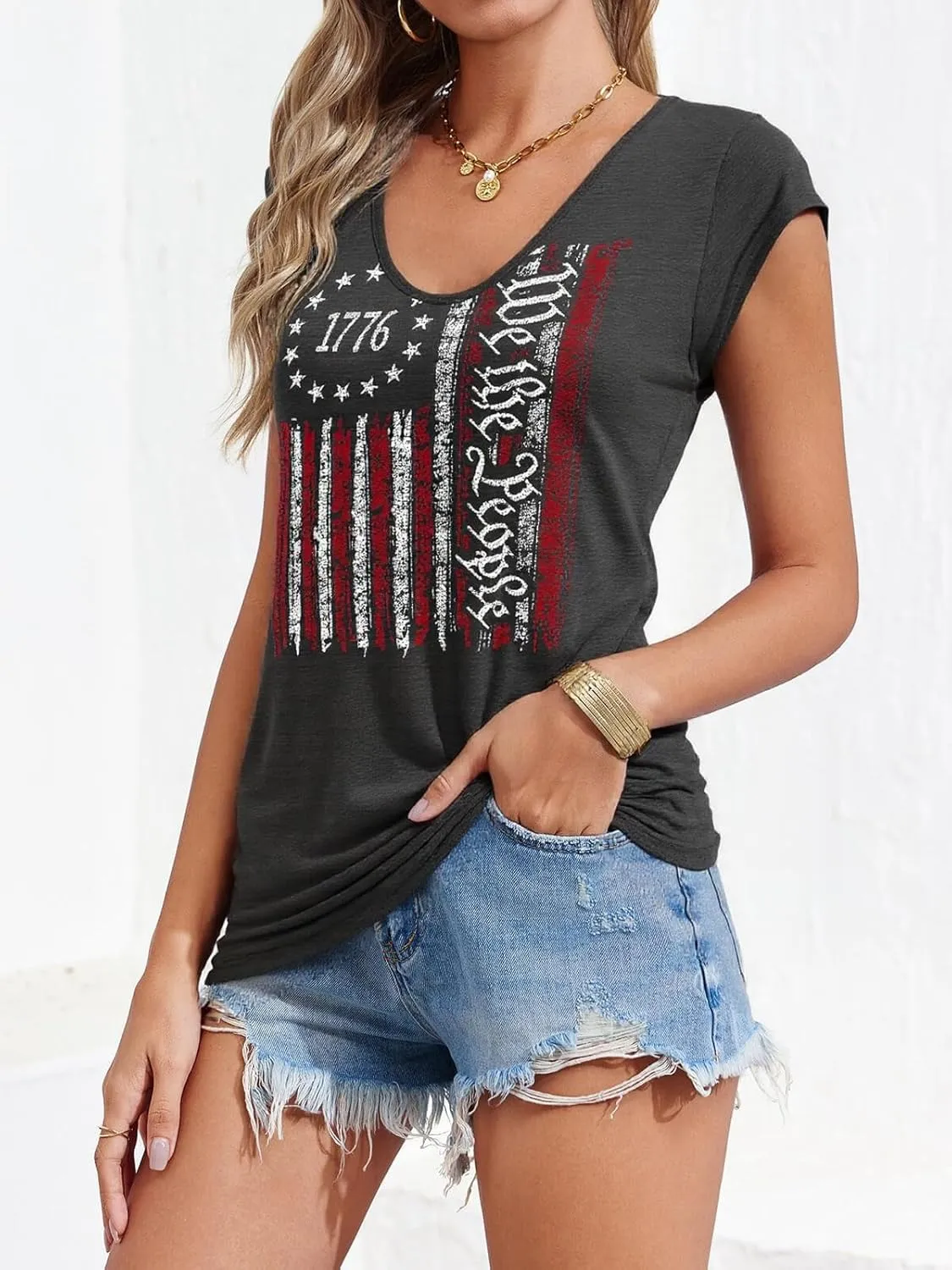 4th of July Shirt for Women 1776 Cap Sleeve Tank Tops American Flag Summer Scoop Neck Tops