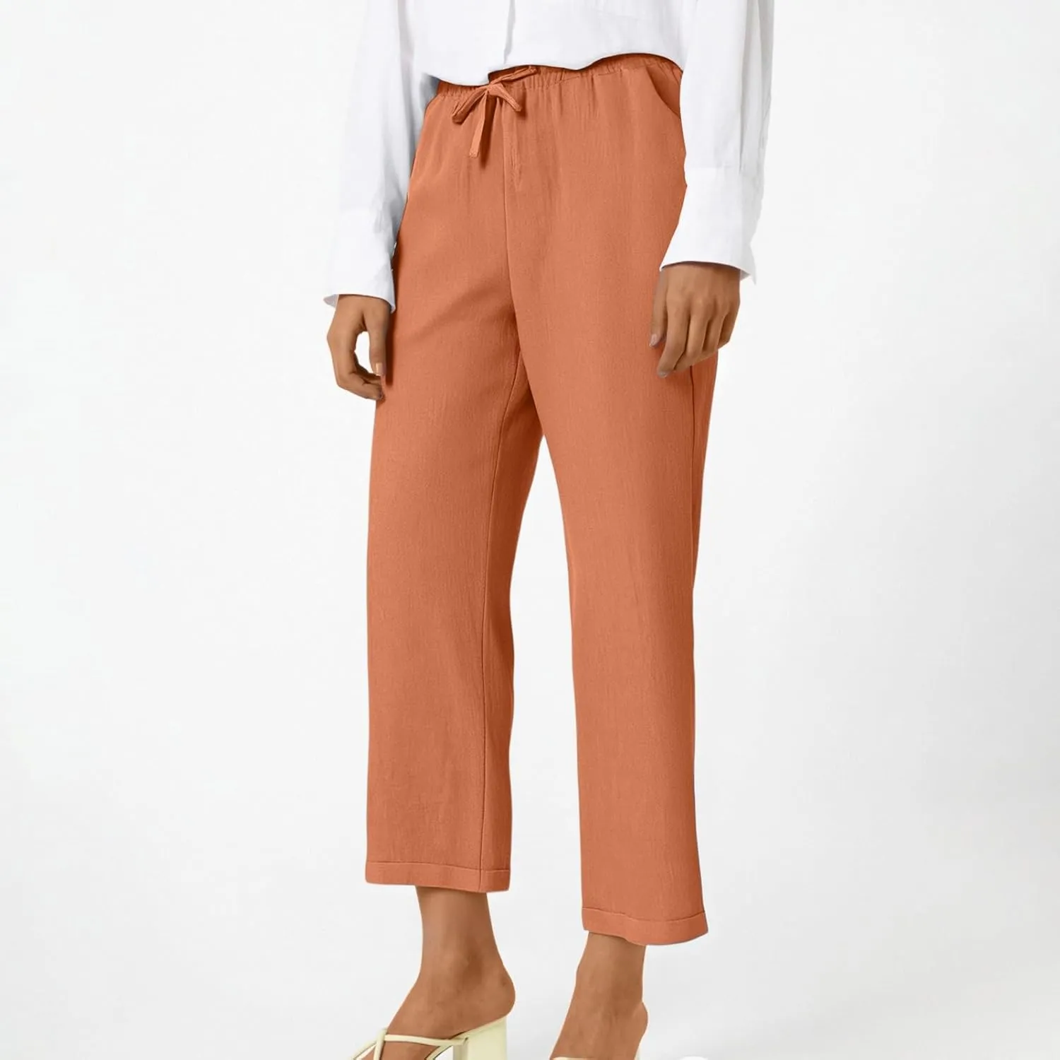 ADHOWBEW Capri Pants for Women Casual Comfy Cotton Summer Trendy Wide Leg Flowy High Waist Lounge Trousers with Pockets