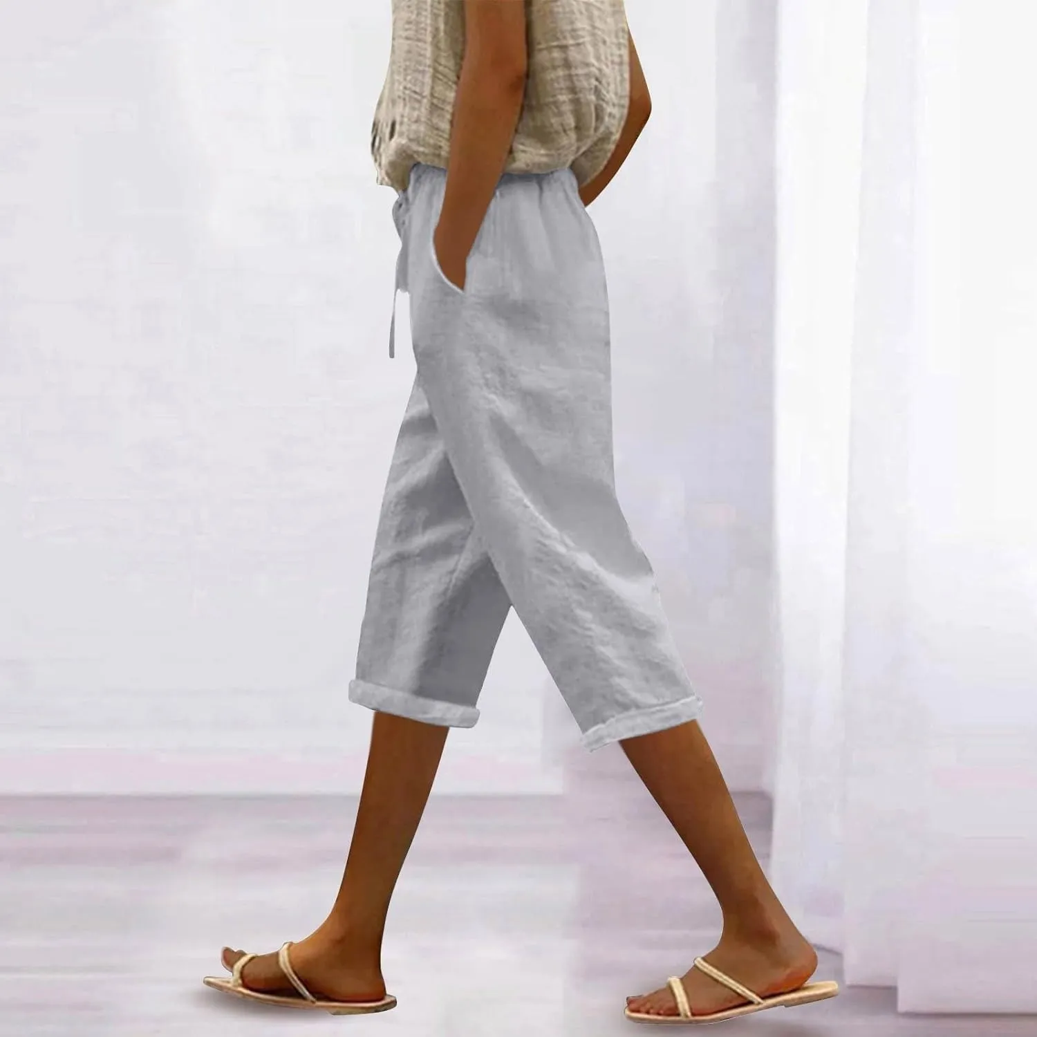 ADHOWBEW Women Linen Pants Work Dressy Stretch Plus Size Petite High Waisted Lounge Casual Flowy Cotton Pants