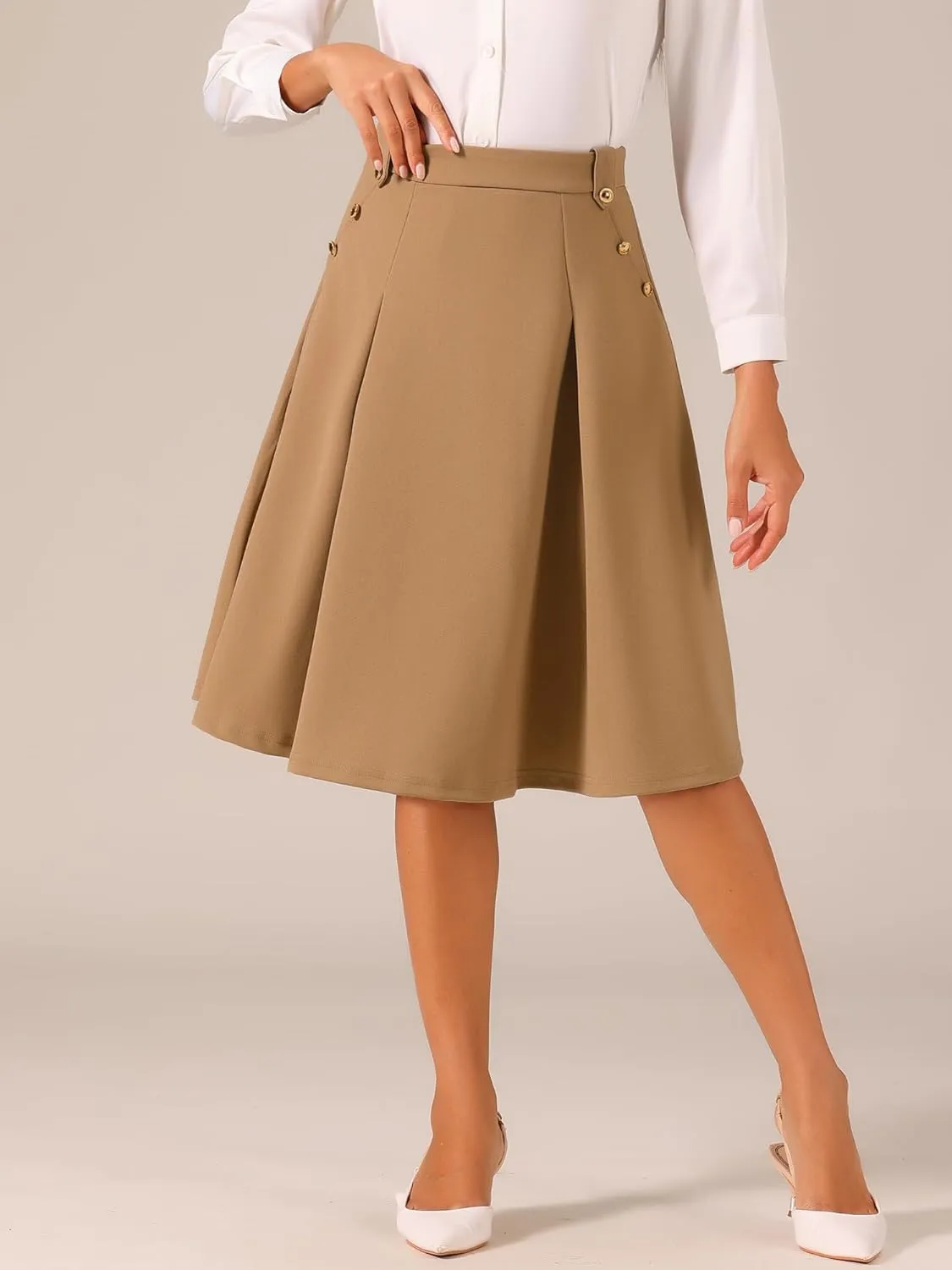 Allegra K Women's High Waist Work Office Vintage Pleated Flared Teacher Midi Skirt