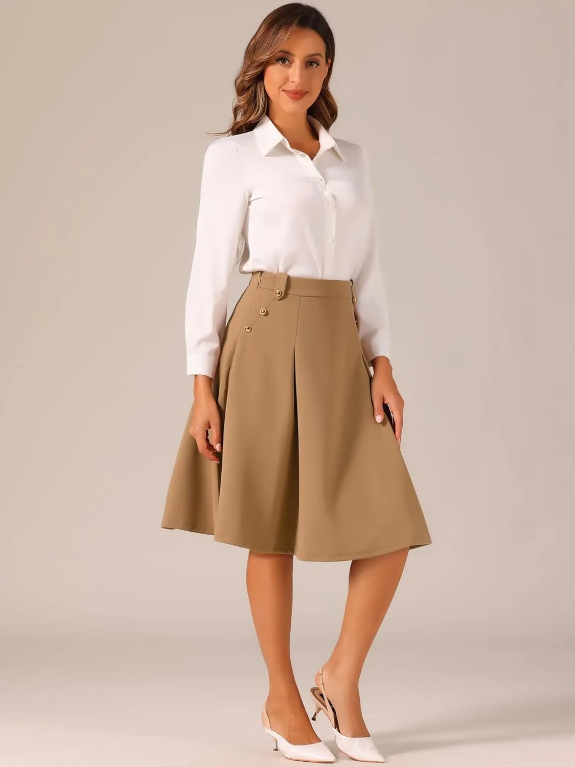 Allegra K Women's High Waist Work Office Vintage Pleated Flared Teacher Midi Skirt