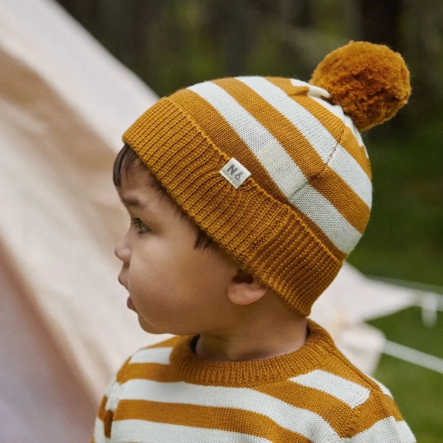 Alpine pom pom beanie - TOFFEE BOLD STRIPE