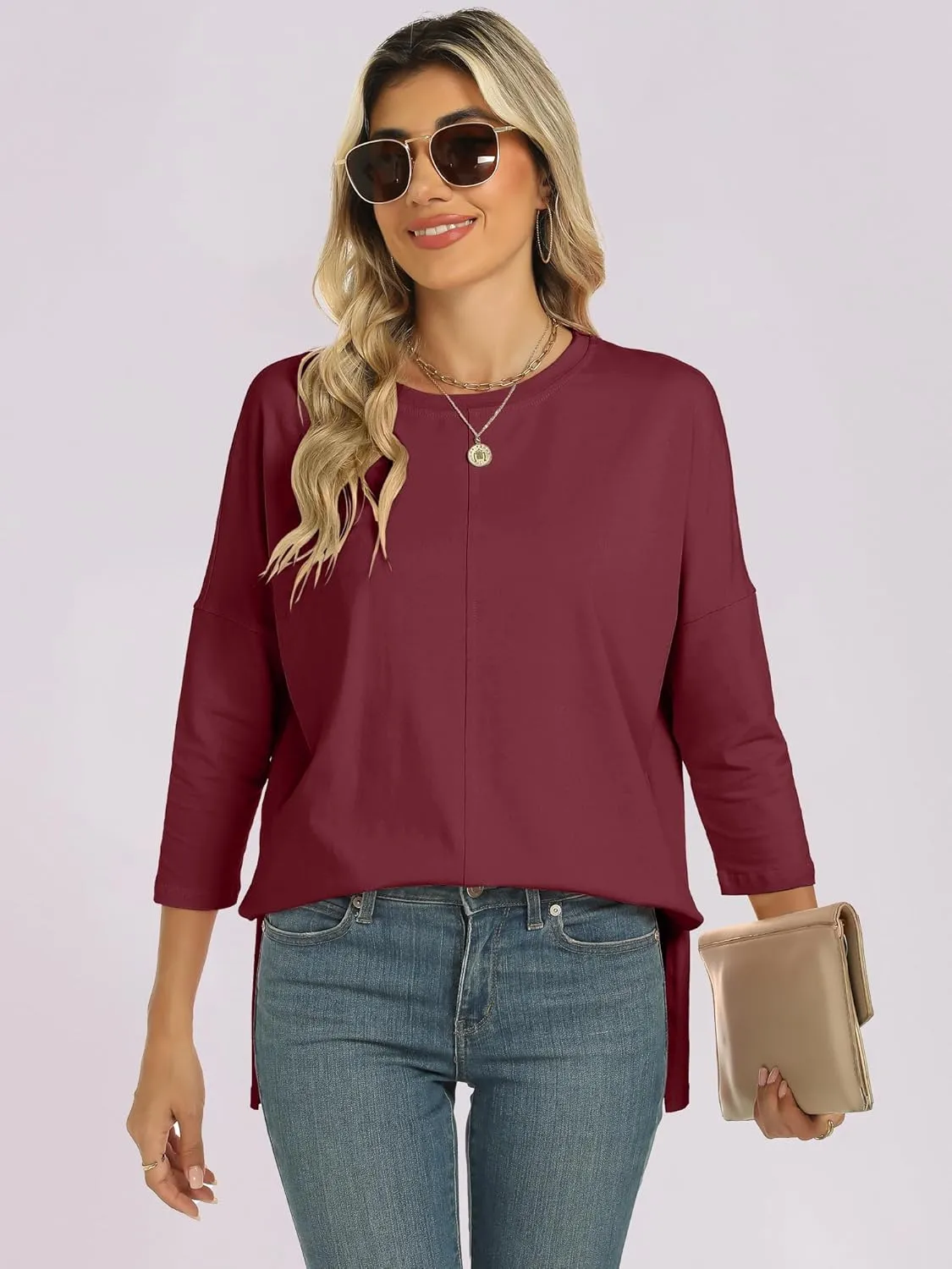 ANRABESS Womens 3/4 Length Sleeve Tops Loose Fit Tunic Shirts Oversized Spring Summer Casual Crew Neck Basic Boxy Tee