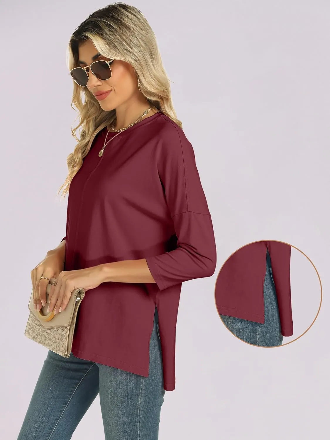 ANRABESS Womens 3/4 Length Sleeve Tops Loose Fit Tunic Shirts Oversized Spring Summer Casual Crew Neck Basic Boxy Tee