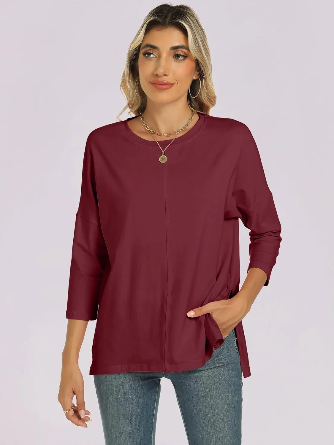 ANRABESS Womens 3/4 Length Sleeve Tops Loose Fit Tunic Shirts Oversized Spring Summer Casual Crew Neck Basic Boxy Tee