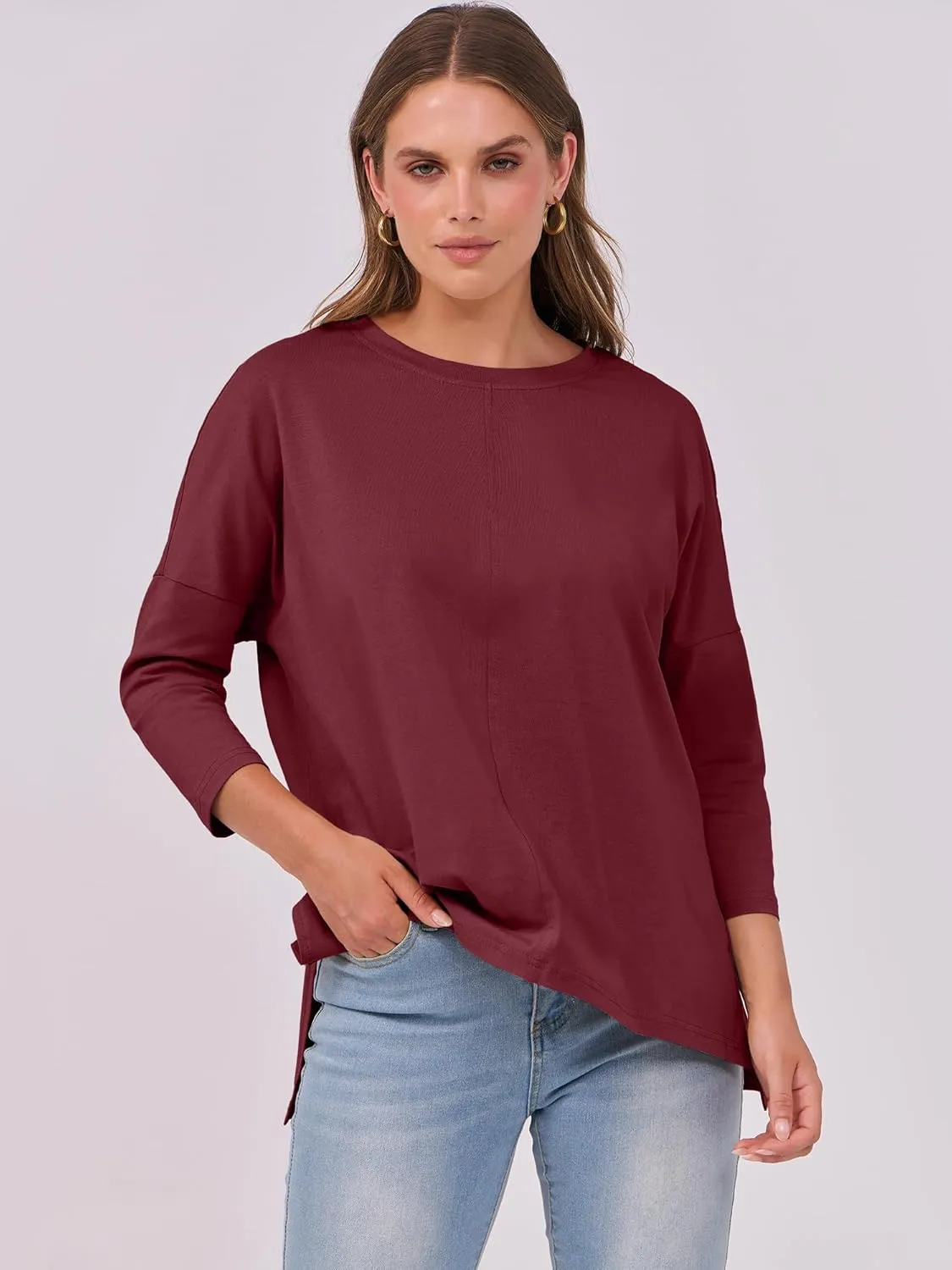 ANRABESS Womens 3/4 Length Sleeve Tops Loose Fit Tunic Shirts Oversized Spring Summer Casual Crew Neck Basic Boxy Tee