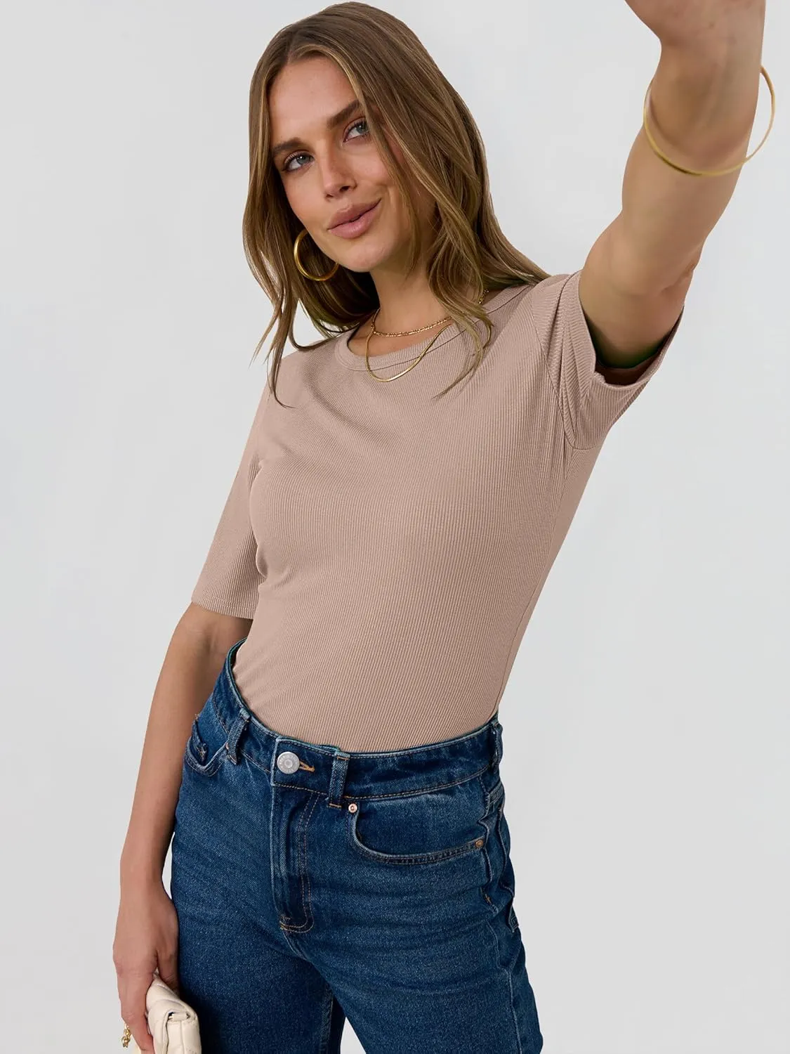 ANRABESS Womens Half Sleeve Crewneck Tops Ribbed Knit Slim Fit Shirts Basic Tee 2025 Spring Summer Dressy Casual T-Shirts