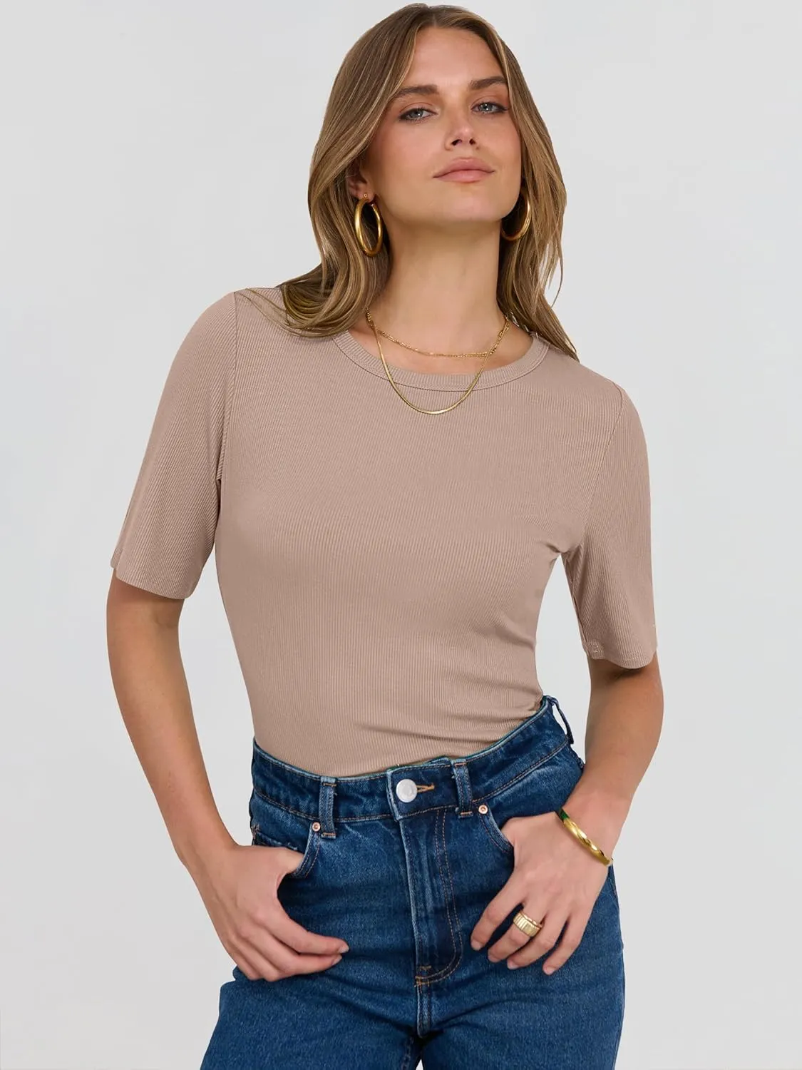 ANRABESS Womens Half Sleeve Crewneck Tops Ribbed Knit Slim Fit Shirts Basic Tee 2025 Spring Summer Dressy Casual T-Shirts