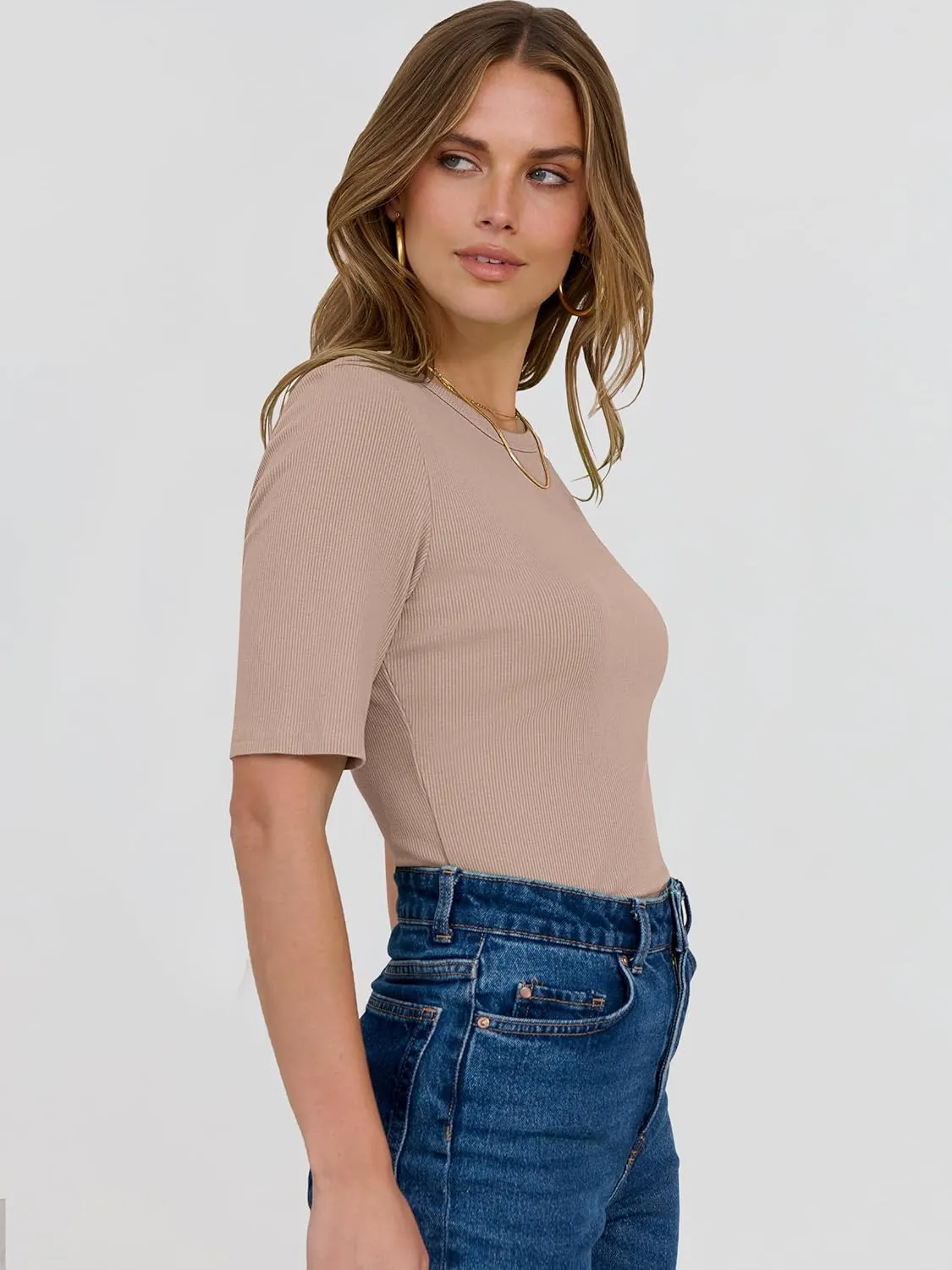ANRABESS Womens Half Sleeve Crewneck Tops Ribbed Knit Slim Fit Shirts Basic Tee 2025 Spring Summer Dressy Casual T-Shirts