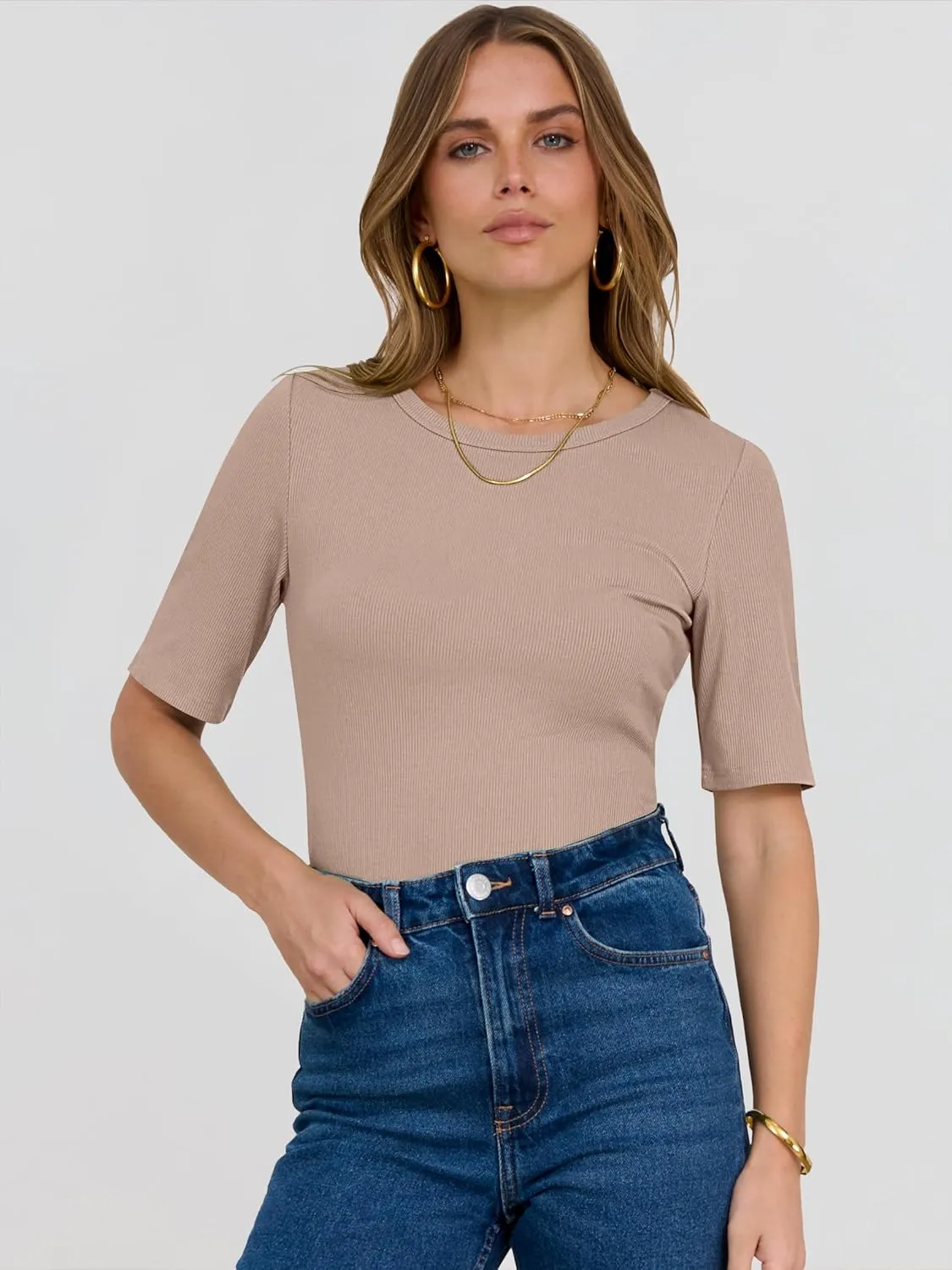ANRABESS Womens Half Sleeve Crewneck Tops Ribbed Knit Slim Fit Shirts Basic Tee 2025 Spring Summer Dressy Casual T-Shirts