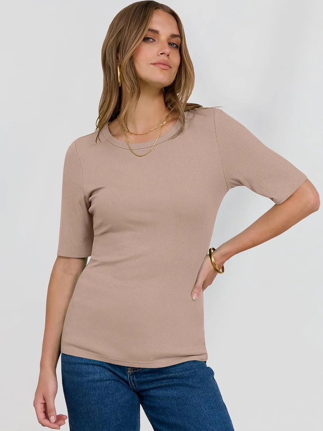 ANRABESS Womens Half Sleeve Crewneck Tops Ribbed Knit Slim Fit Shirts Basic Tee 2025 Spring Summer Dressy Casual T-Shirts