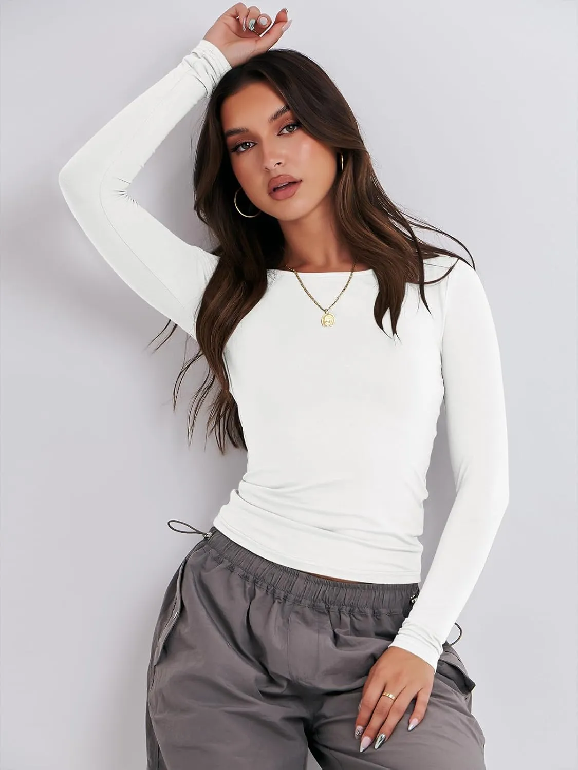 ANRABESS Womens Long Sleeve Shirts Tight Fitted Going Out Crop Tops Crewneck Basic Tee Y2k Outfits Teens Girls Clothes