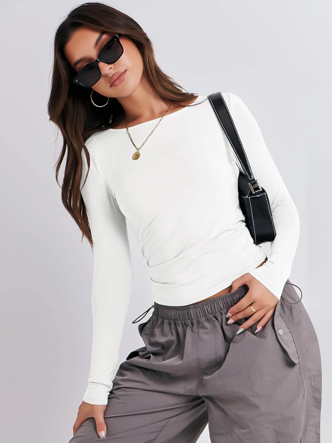ANRABESS Womens Long Sleeve Shirts Tight Fitted Going Out Crop Tops Crewneck Basic Tee Y2k Outfits Teens Girls Clothes