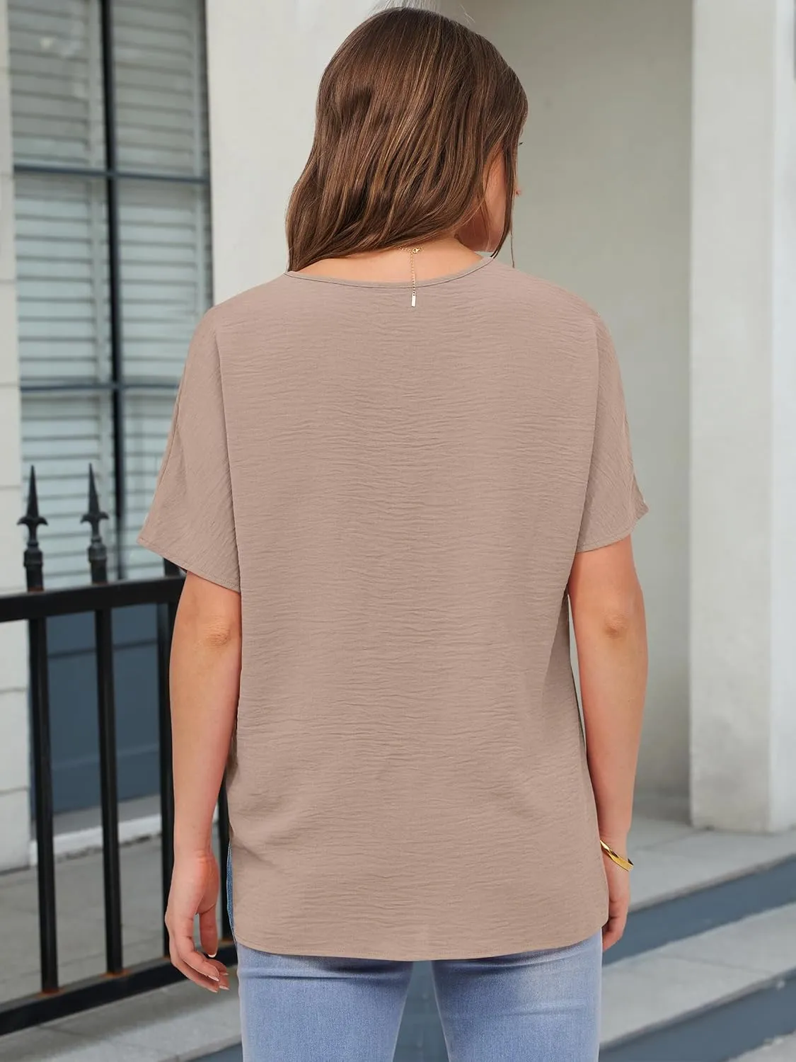 ANRABESS Women's Oversized T Shirts Summer Tops Short Sleeve V Neck Casual Loose Fit Textured Blouses 2025 Trendy Tee Shirt