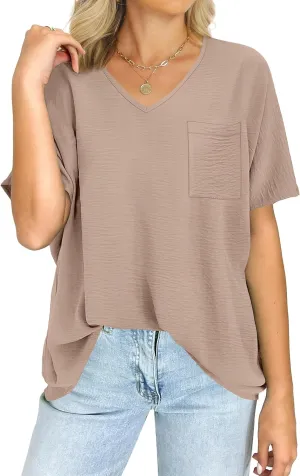 ANRABESS Women's Oversized T Shirts Summer Tops Short Sleeve V Neck Casual Loose Fit Textured Blouses 2025 Trendy Tee Shirt