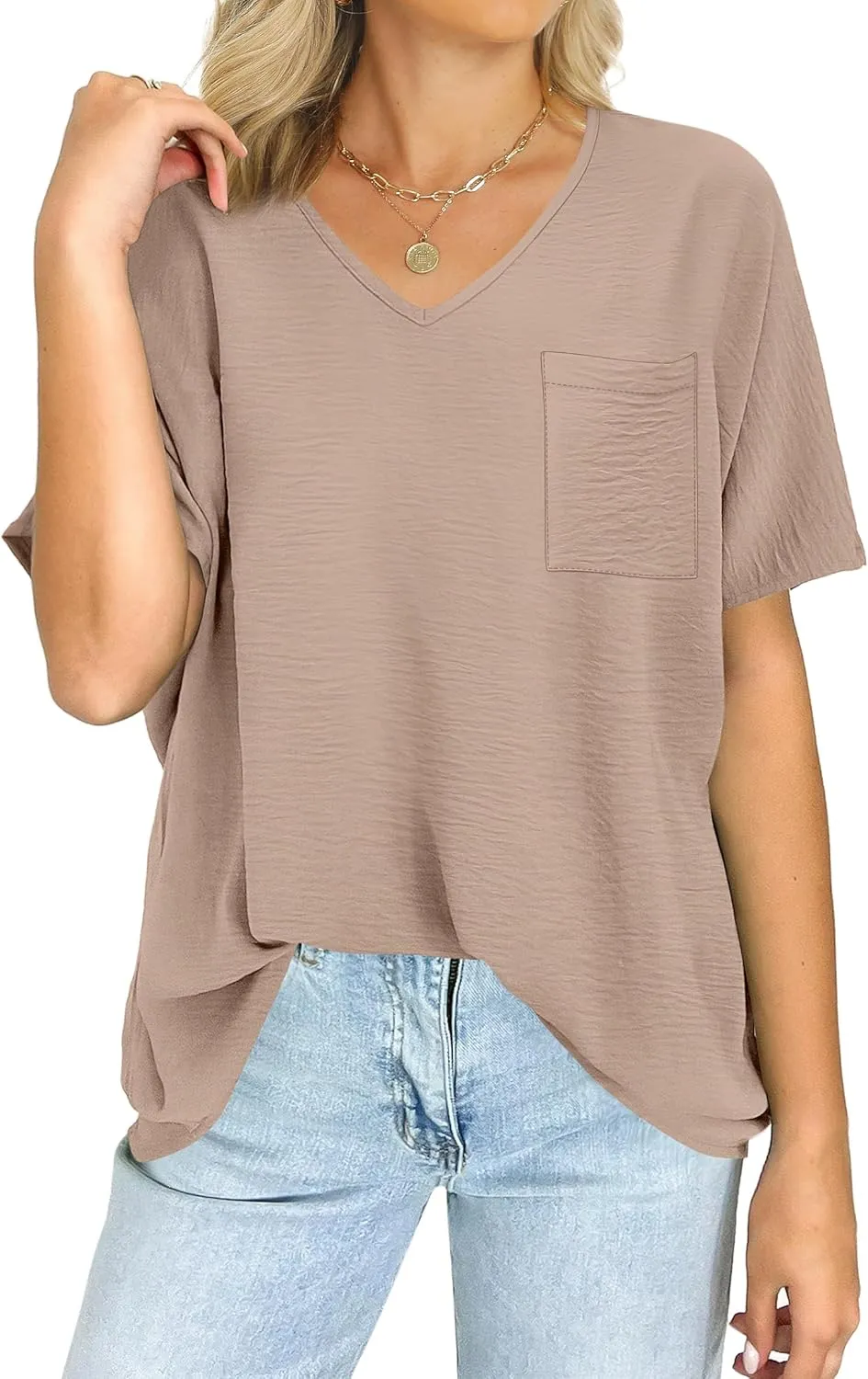 ANRABESS Women's Oversized T Shirts Summer Tops Short Sleeve V Neck Casual Loose Fit Textured Blouses 2025 Trendy Tee Shirt