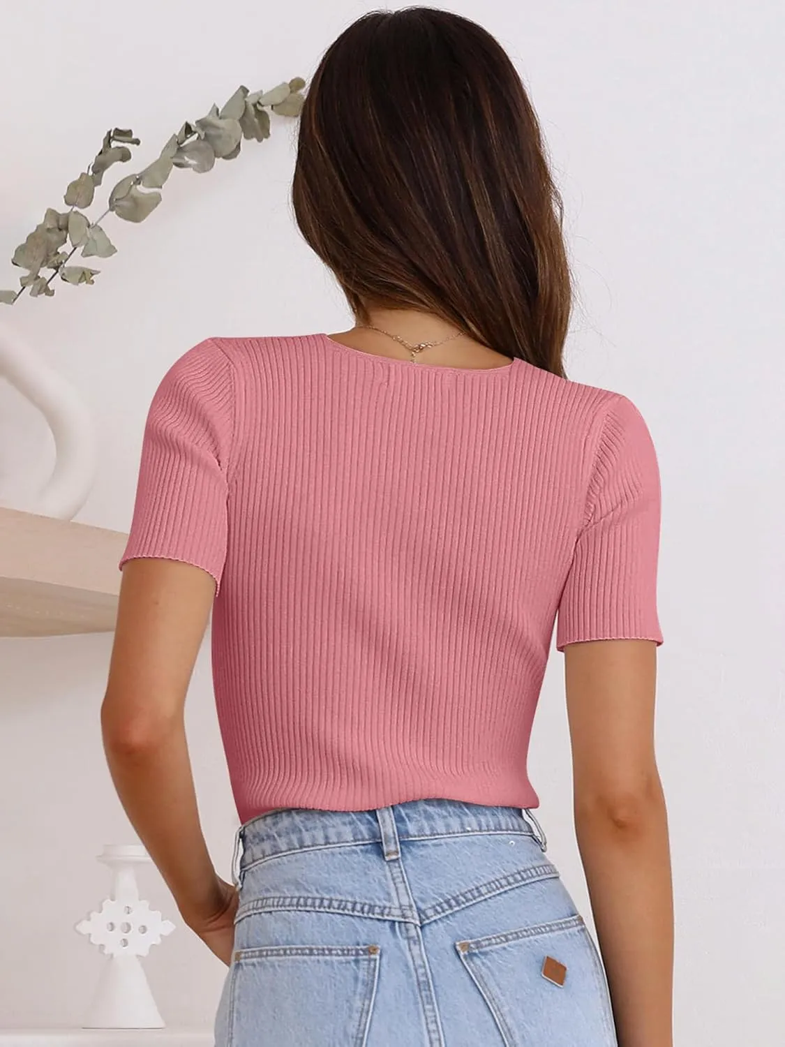 ANRABESS Womens Short Sleeve Crewneck T Shirt Ribbed Knit Sweater Shirts Slim Fit Basic Casual Spring Summer Sweater Tee Tops