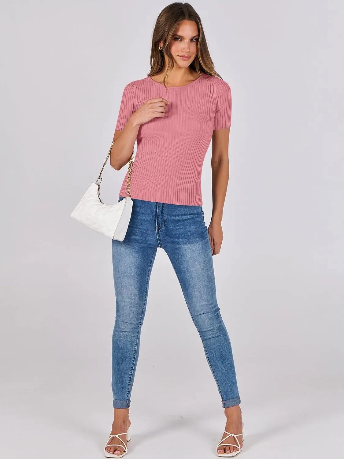 ANRABESS Womens Short Sleeve Crewneck T Shirt Ribbed Knit Sweater Shirts Slim Fit Basic Casual Spring Summer Sweater Tee Tops