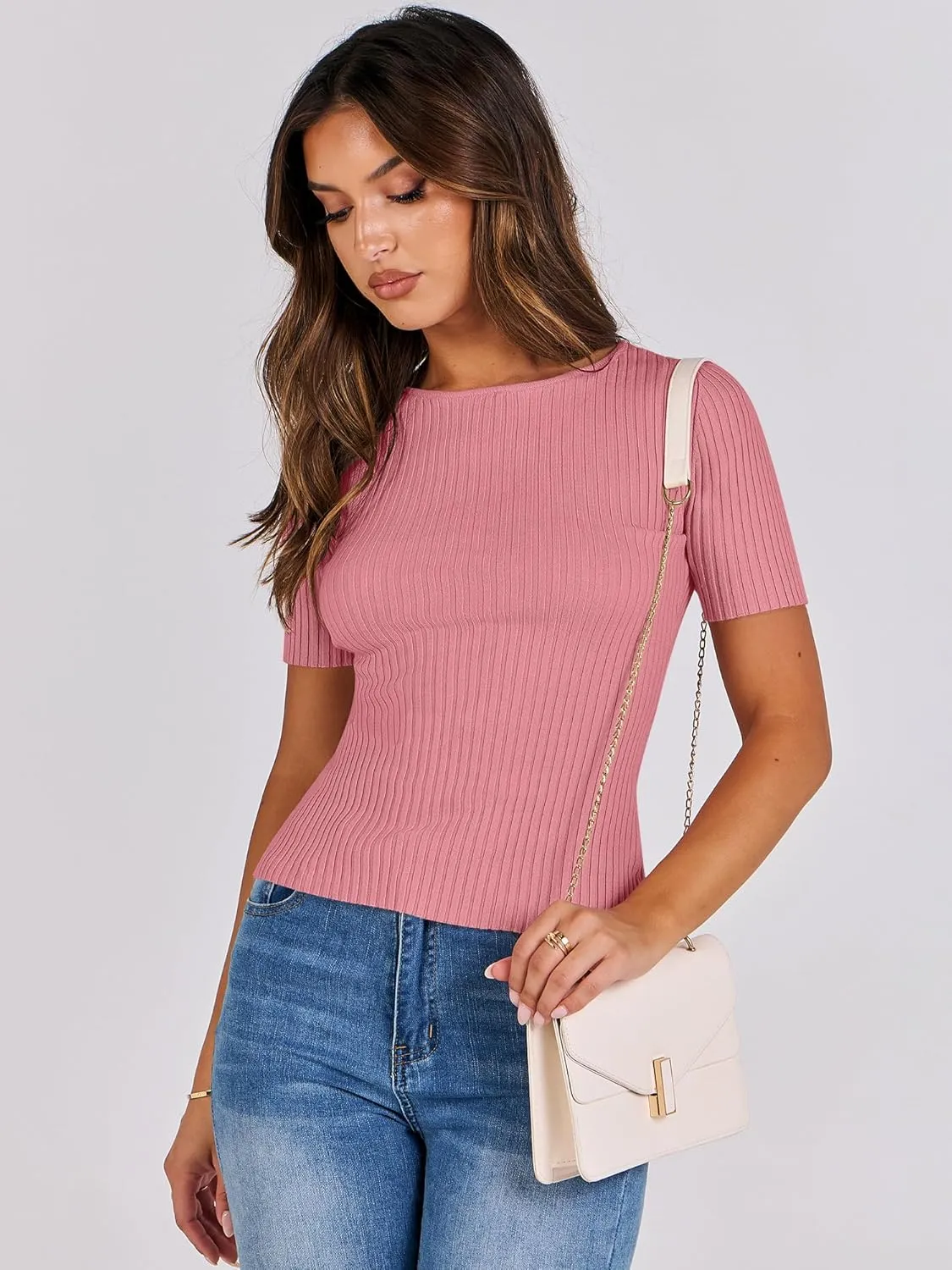 ANRABESS Womens Short Sleeve Crewneck T Shirt Ribbed Knit Sweater Shirts Slim Fit Basic Casual Spring Summer Sweater Tee Tops