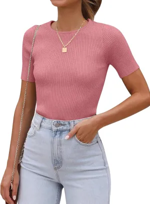 ANRABESS Womens Short Sleeve Crewneck T Shirt Ribbed Knit Sweater Shirts Slim Fit Basic Casual Spring Summer Sweater Tee Tops