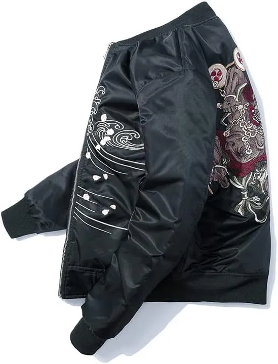 Aoleaky Cotton Padded Men's Jacket Embroidered Sukajan Coat,Thick Pilot Bomber,Spring/Autumn/Winter Wear