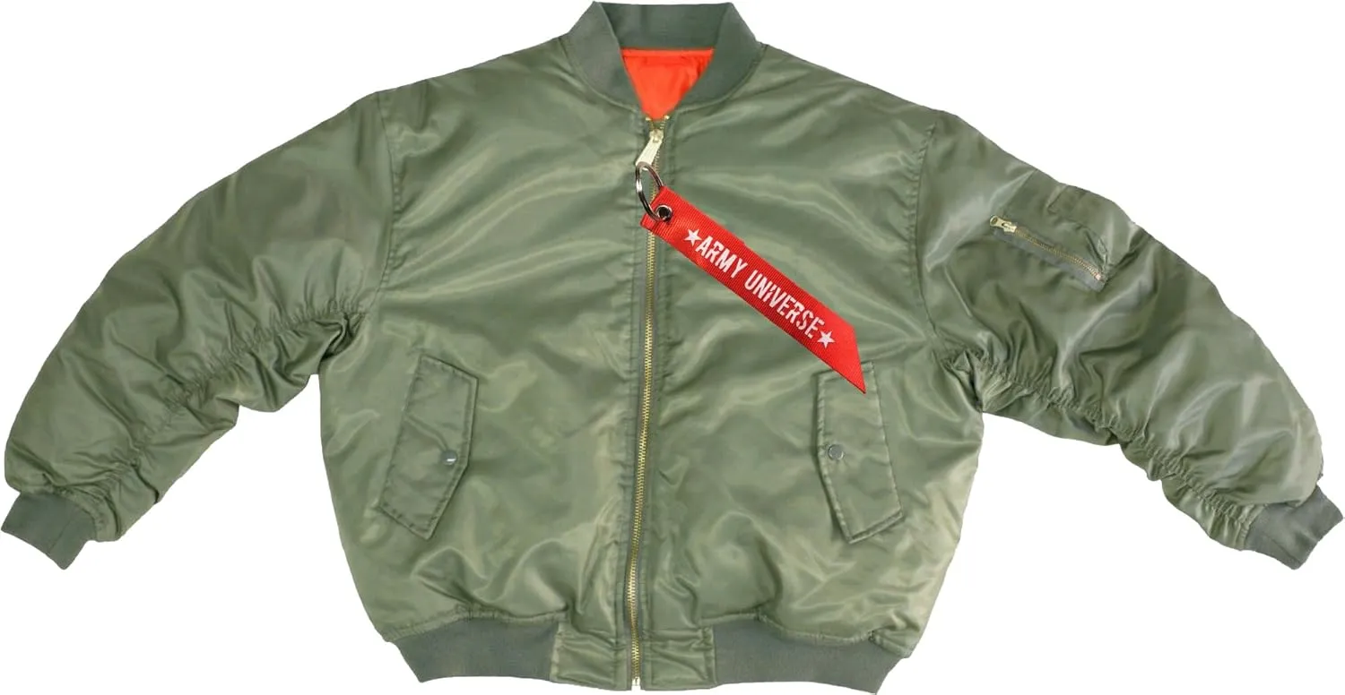 Army Universe Sage Green MA-1 Military Flight Jacket, Reversible Air Force Bomber Pilot Jacket   Red Streamer