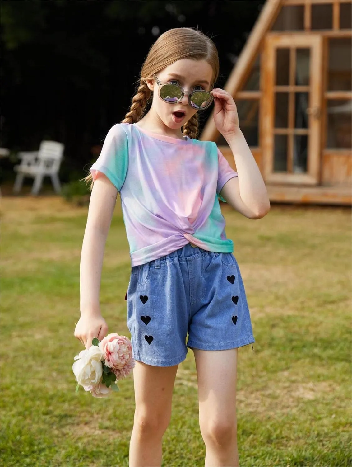 Arshiner Girls Casual Tie Dye Short-Sleeve T-Shirt Cute Print Summer Blouse for Girls Twist Front Tunic Tee Tops