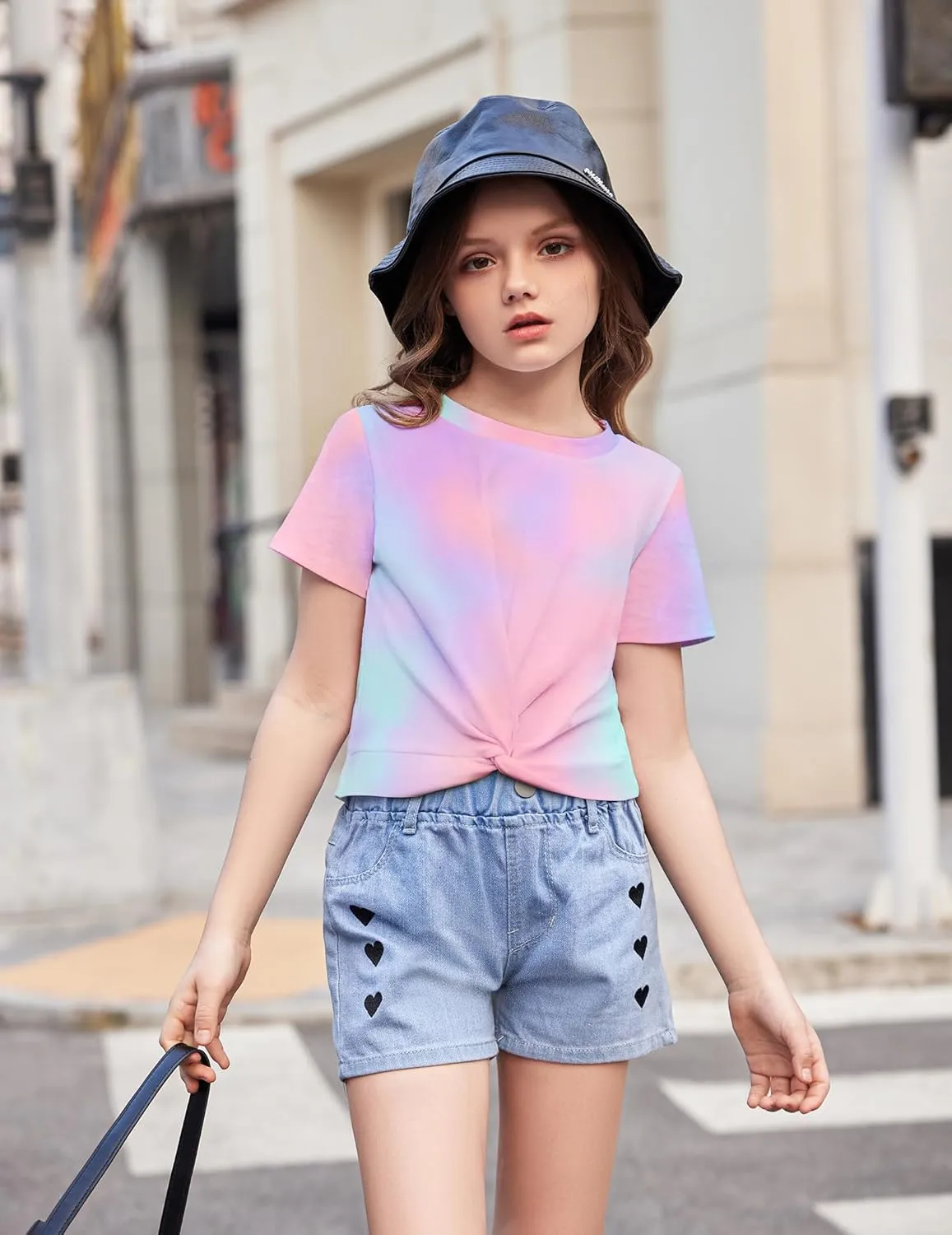 Arshiner Girls Casual Tie Dye Short-Sleeve T-Shirt Cute Print Summer Blouse for Girls Twist Front Tunic Tee Tops