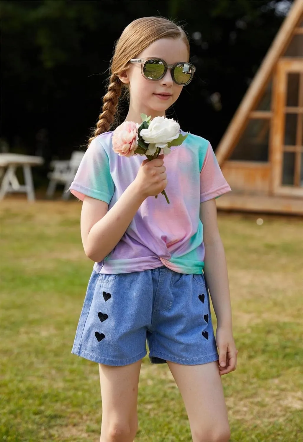 Arshiner Girls Casual Tie Dye Short-Sleeve T-Shirt Cute Print Summer Blouse for Girls Twist Front Tunic Tee Tops